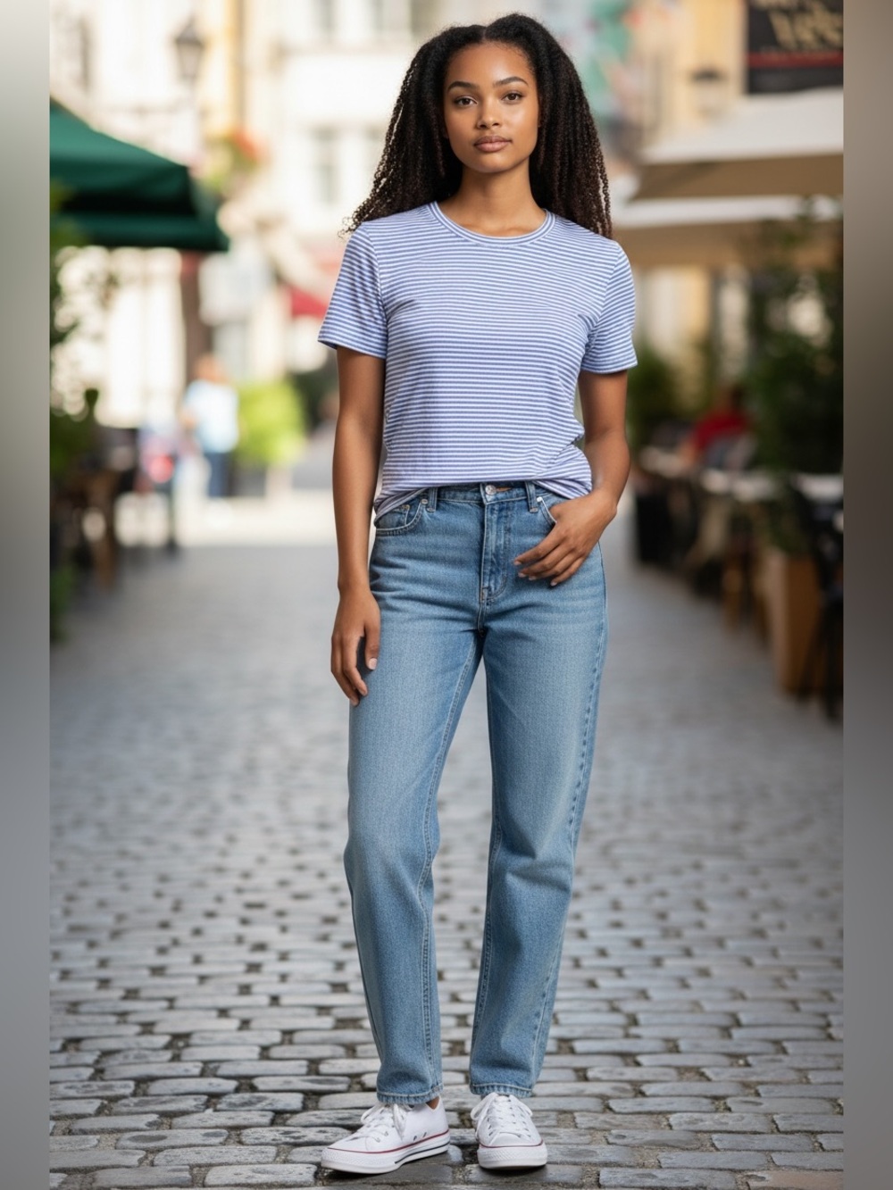 Eddie Bauer Striped Crewneck Tee in Light Blue and White - Super Soft